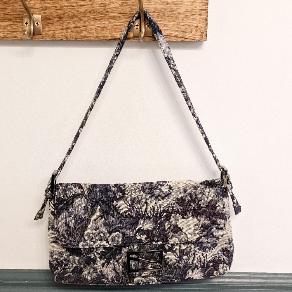 Black and blue floral tapestry purse